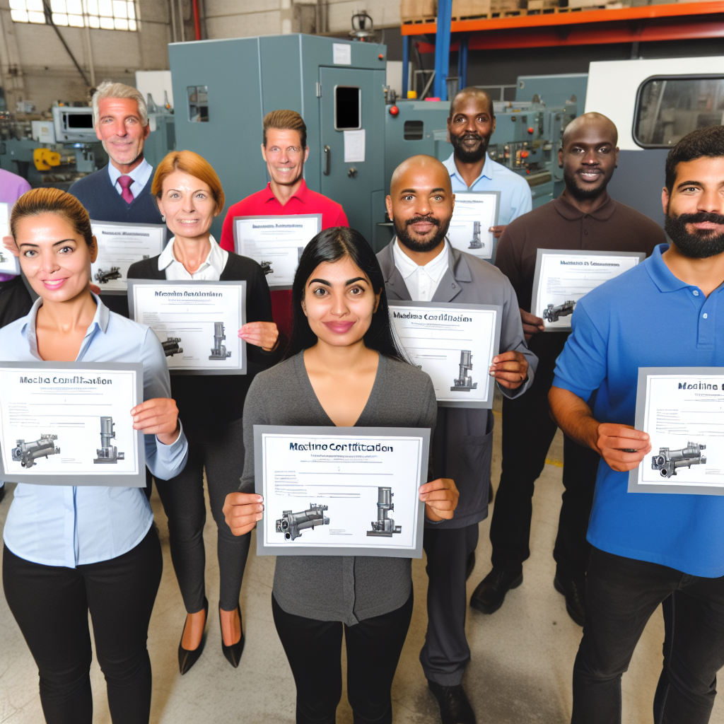 Arbeitskräfte in Schulung mit Maschinenzertifikaten in Händen.