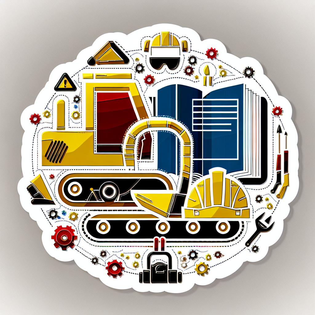 Erdbaumaschine, Sicherheitstechnik, Schulungssymbol und Wartungswerkzeug integriert.