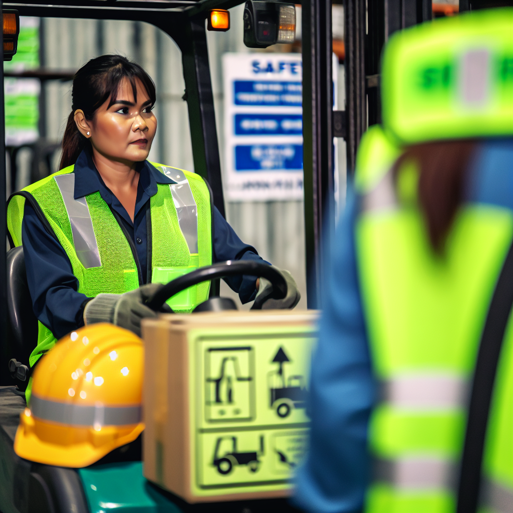 Gabelstaplerfahrer in Schulung mit Sicherheitsequipment aufmerksam.