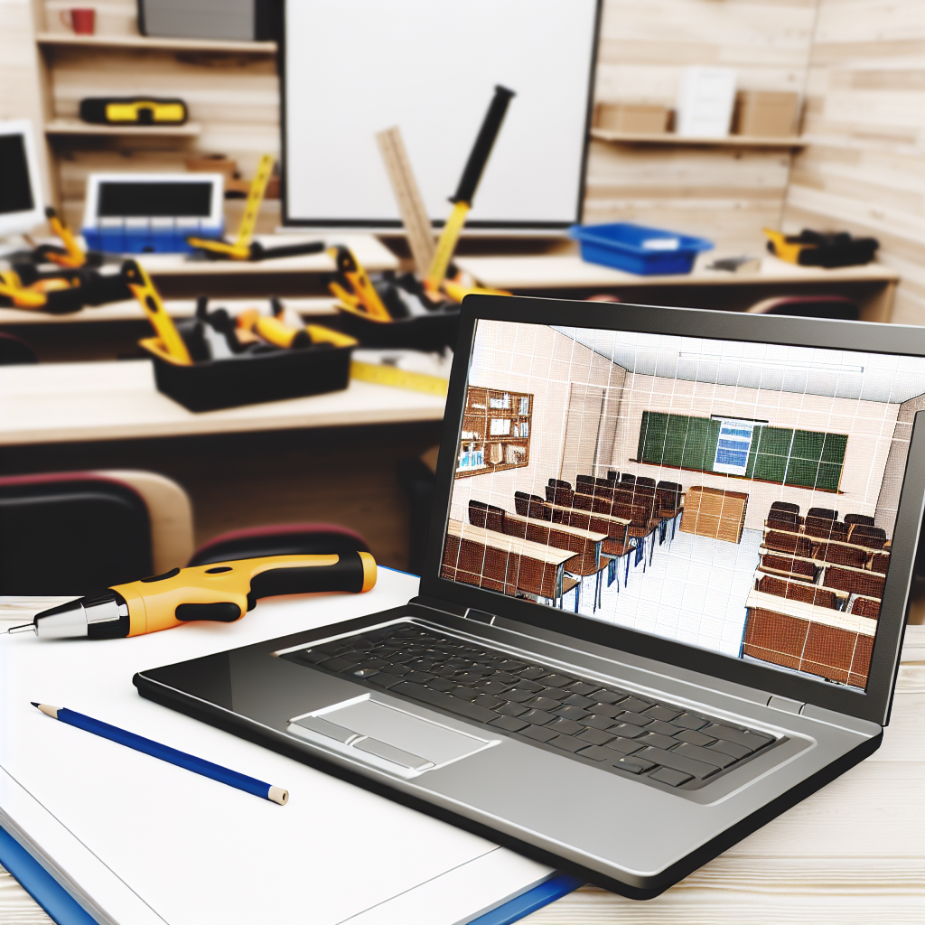 Laptop, Baugeräte, Schulungsraum, virtuelle und reale Weiterbildung.