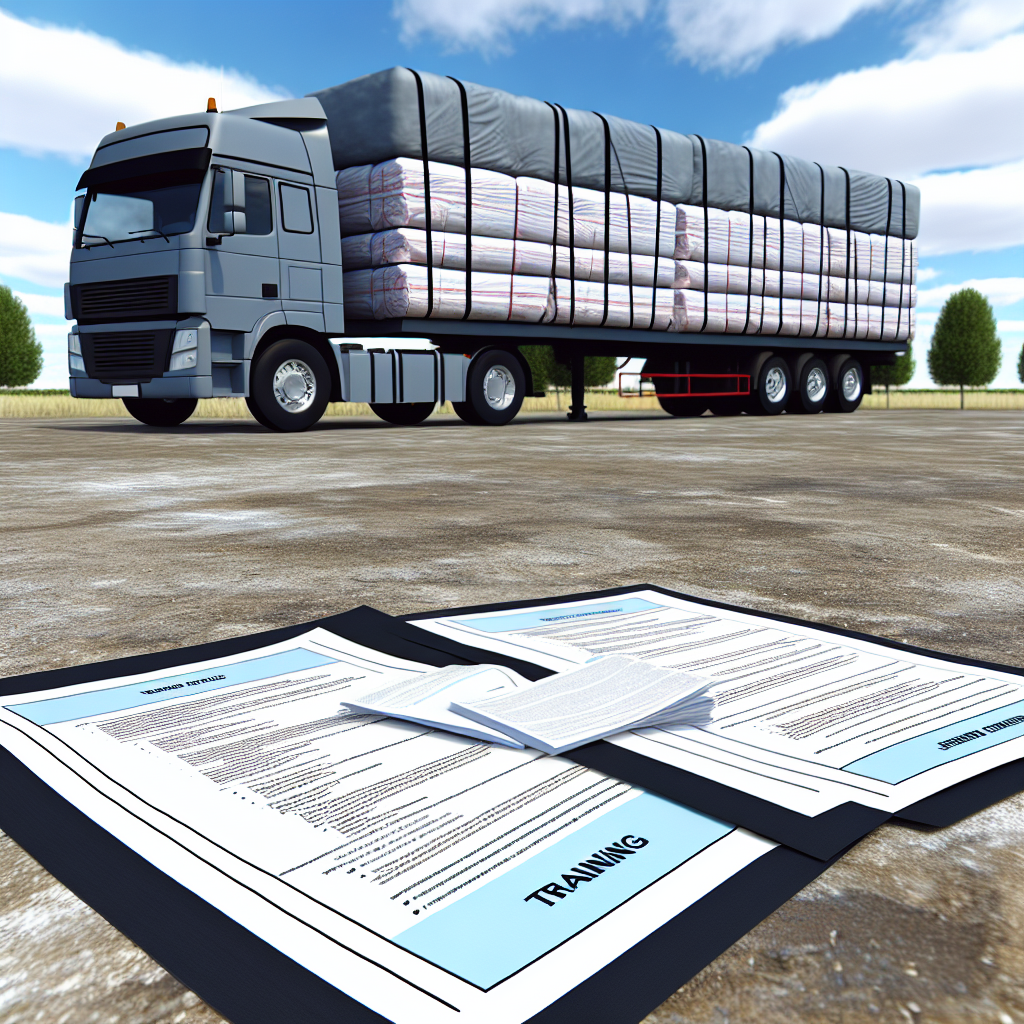 LKW mit gesicherter Ladung, Schulungsdokumente daneben.