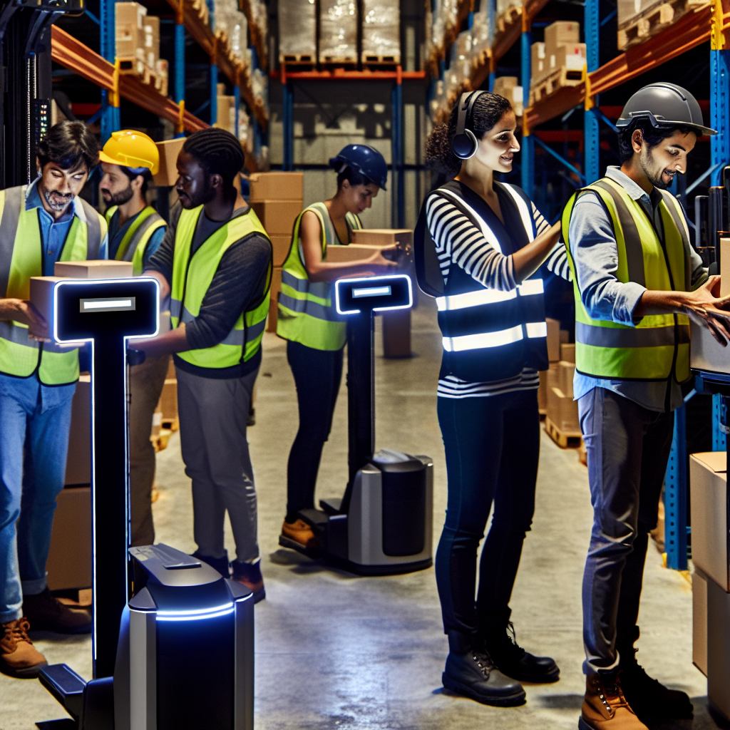 Logistikarbeiter sichern Waren mit moderner Technologie.