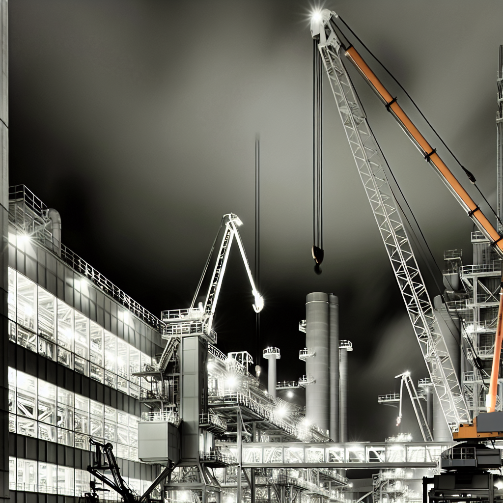 Technologischer Industriestandort mit Kranen und Teleskopstaplern.