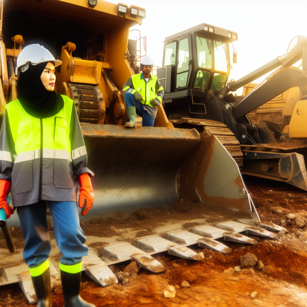 Arbeiter in Sicherheitskleidung bedienen schwere Erdbaumaschinen.