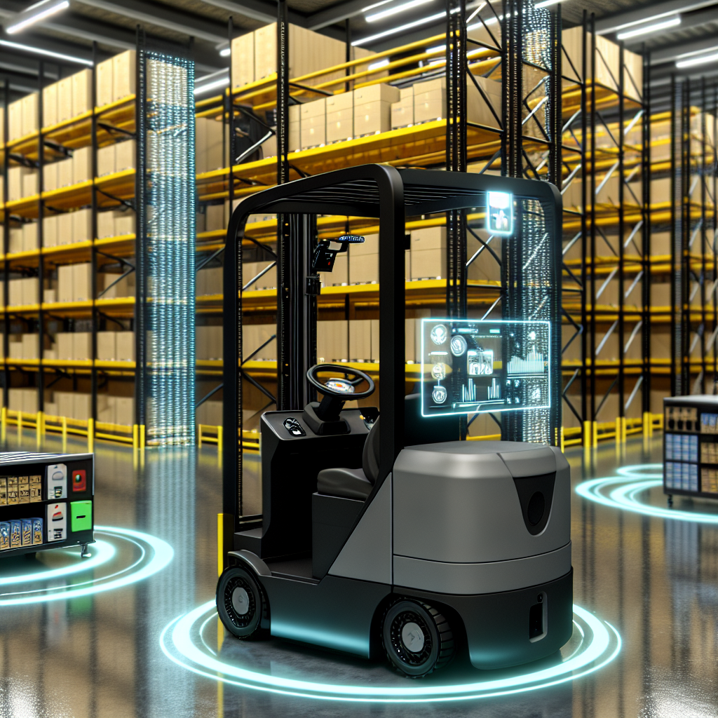 Autonomer Elektro-Gabelstapler navigiert smartes, digitales Lager.
