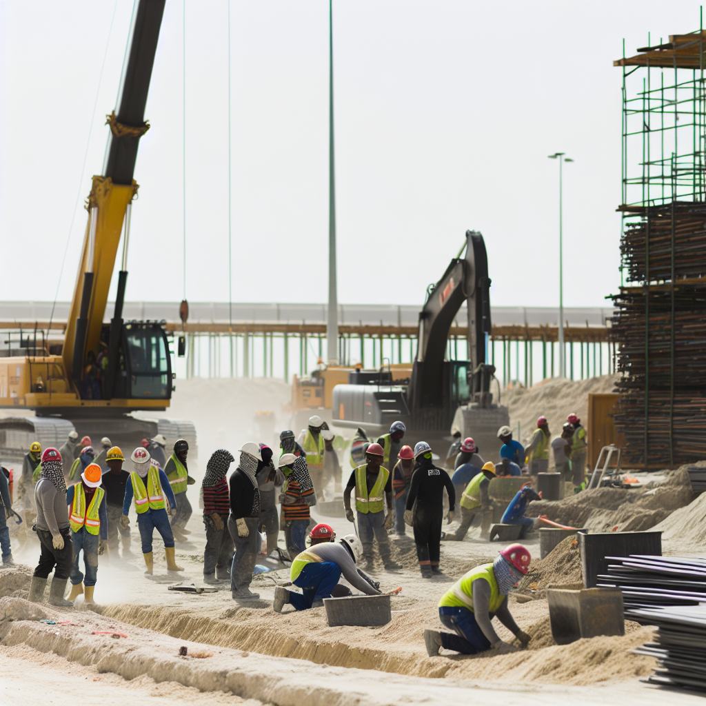 Baustelle mit Arbeitern in Sicherheitskleidung und Maschinen.