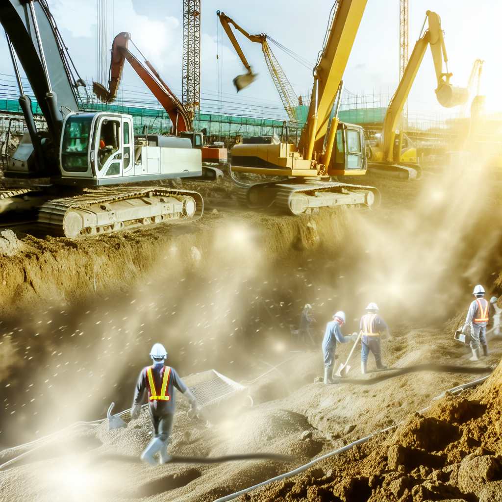 Baustelle mit modernen, gepflegten Erdbaumaschinen in Aktion.