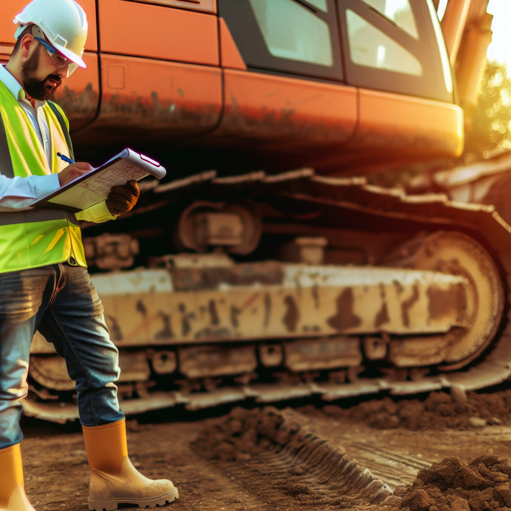 Ein Arbeiter inspiziert Erdbaumaschine mit Sicherheitsausrüstung.