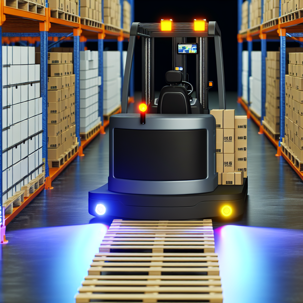 Elektrische Gabelstapler, autonom fahrend, mit moderner Technologie.