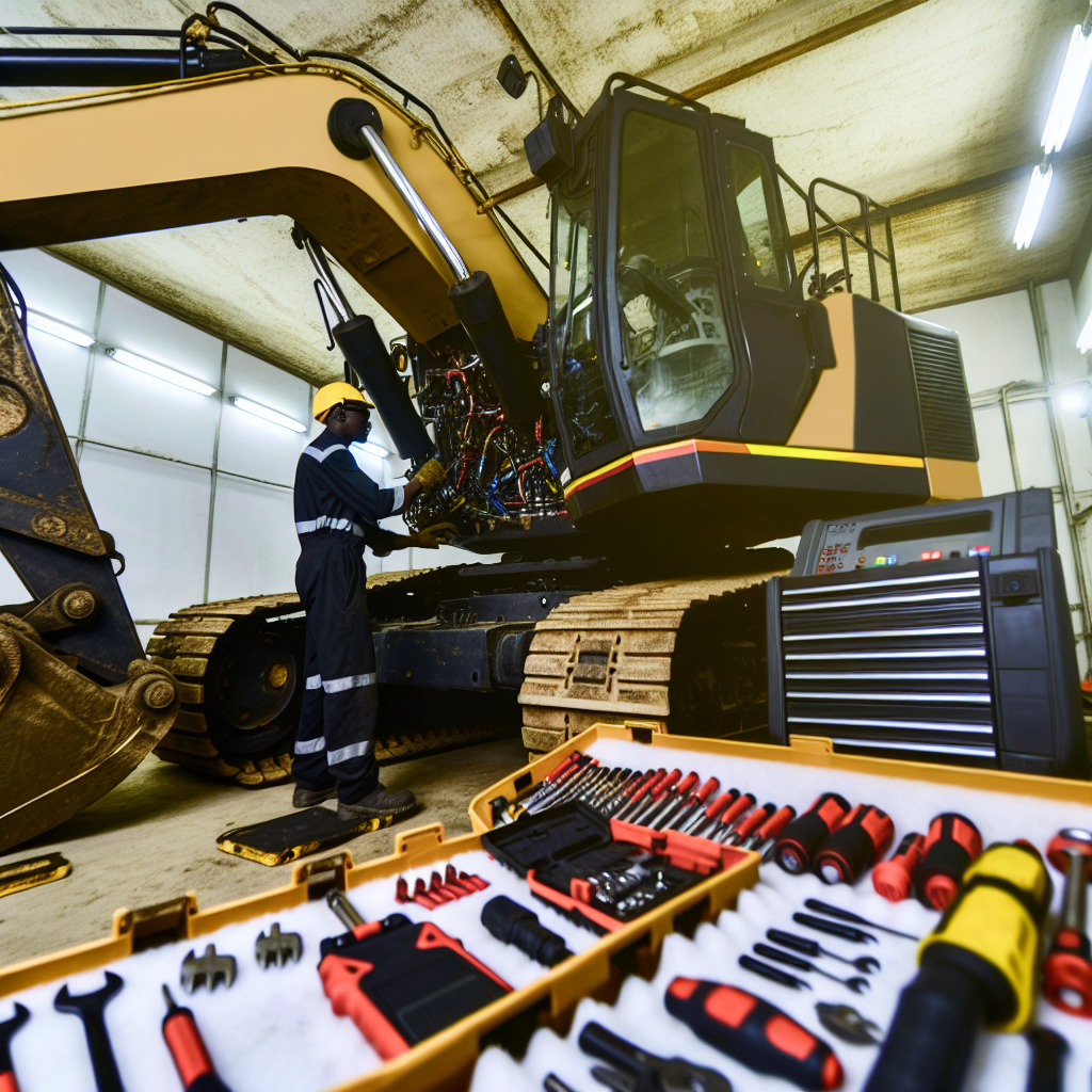 Erdbaumaschine in Werkstatt, Techniker bei Wartung.