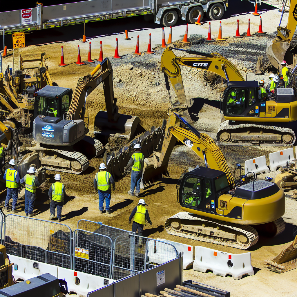 Erdbaumaschinen auf Baustelle mit Sicherheitsvorkehrungen.