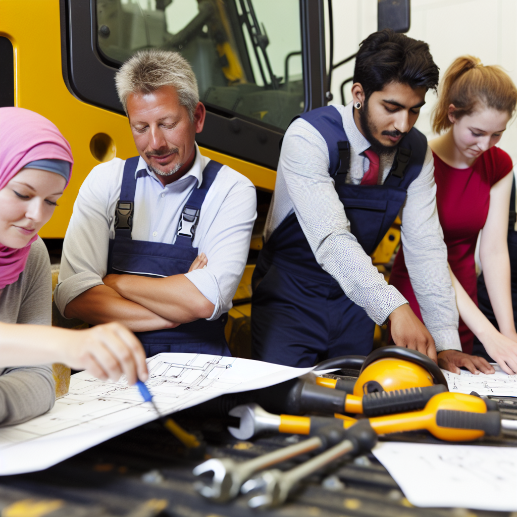 Erdbaumaschinenwartung durch Fachkräfte bei Schulung.