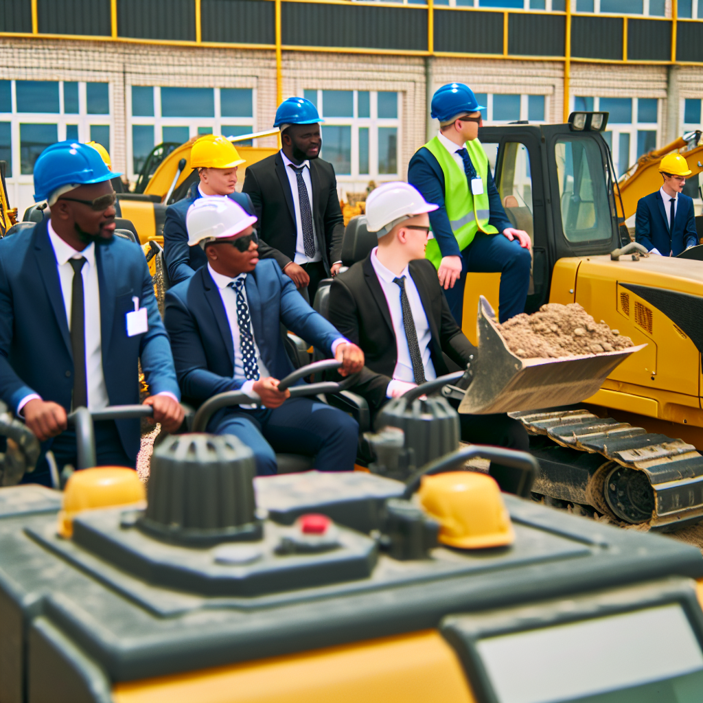 Fachkräfte trainieren mit Erdbaumaschinen in Schulungszentrum.