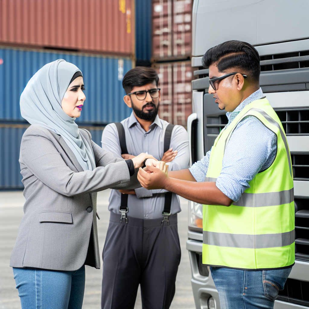 Fachkräfte trainieren praxisnah Ladungssicherung vor LKW.