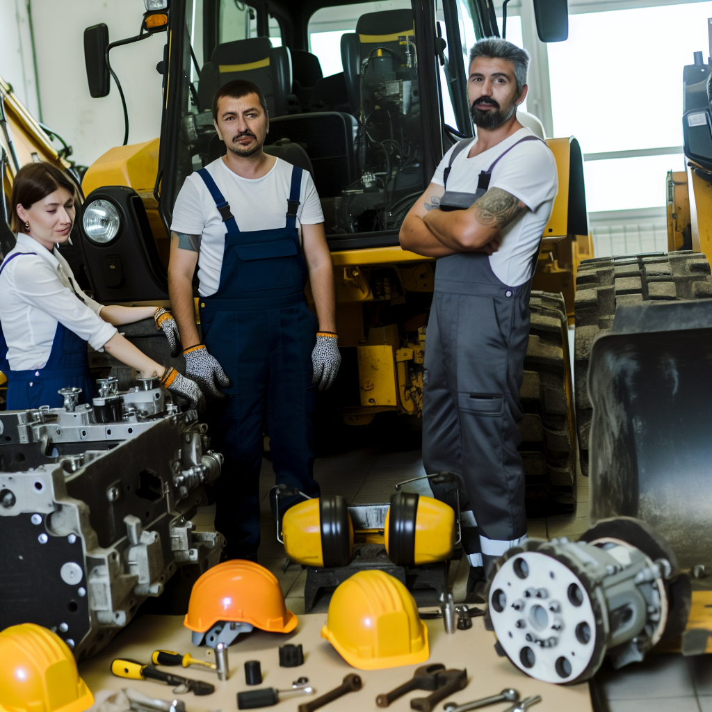 Fachkräfte warten Erdbaumaschinen in moderner Werkstatt.