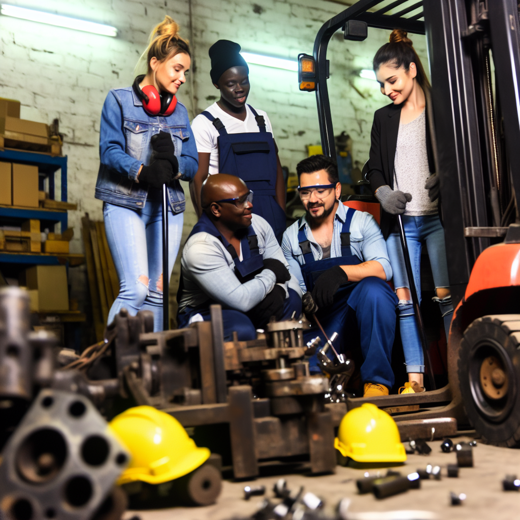 Gabelstapler-Wartungsteam überprüft Maschine in Werkstatt.