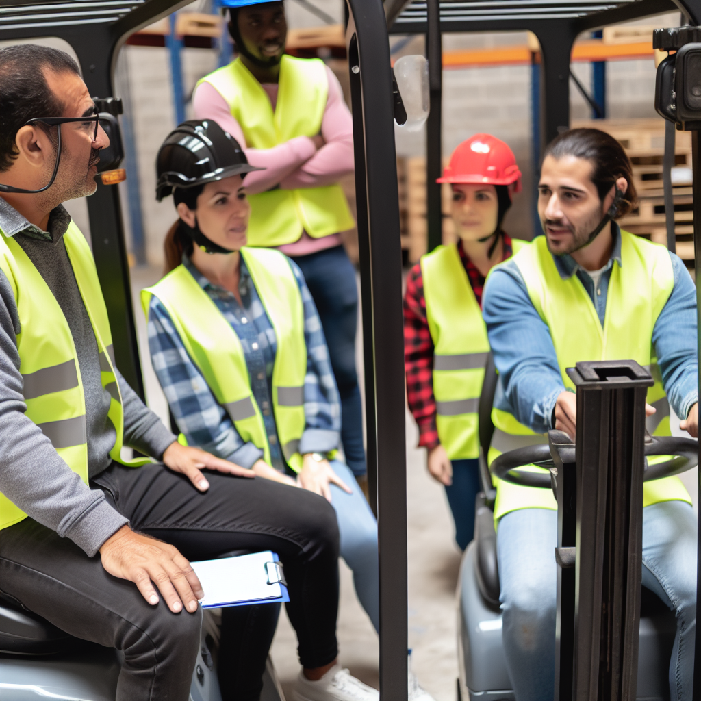 Gabelstaplertraining mit konzentrierten Teilnehmern und Ausbilder.