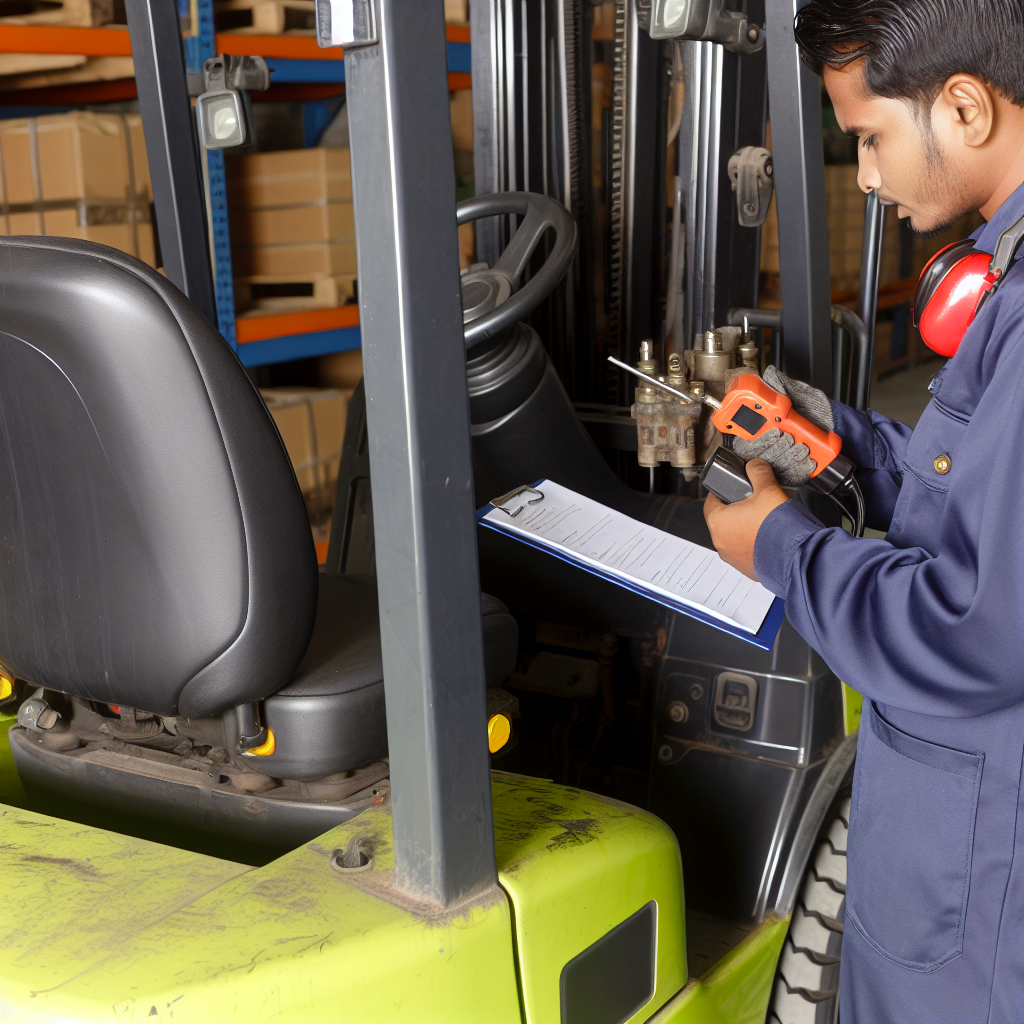 Gabelstaplerwartung: Techniker inspiziert und prüft Bauteile.
