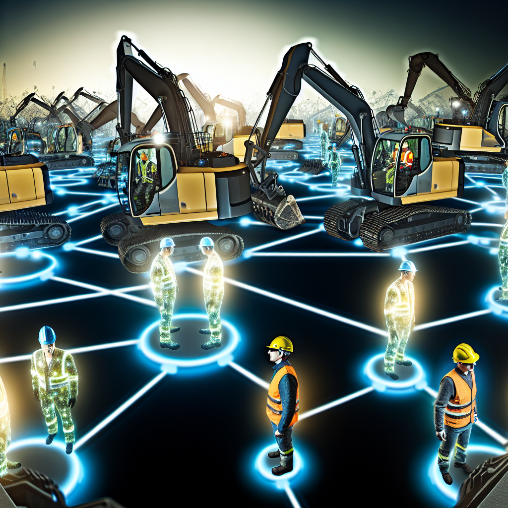 Hightech-Baustelle mit vernetzten Erdbaumaschinen und Technikern.