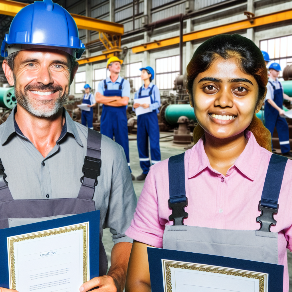 Industriearbeiter mit Zertifikaten vor Fabrikhintergrund lächeln.