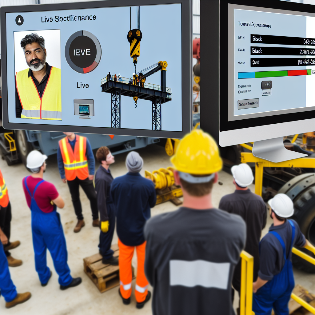Industriekran, Techniker, Schulungsgruppe, Wartungsequipment, Datenmonitor, Sicherheit.