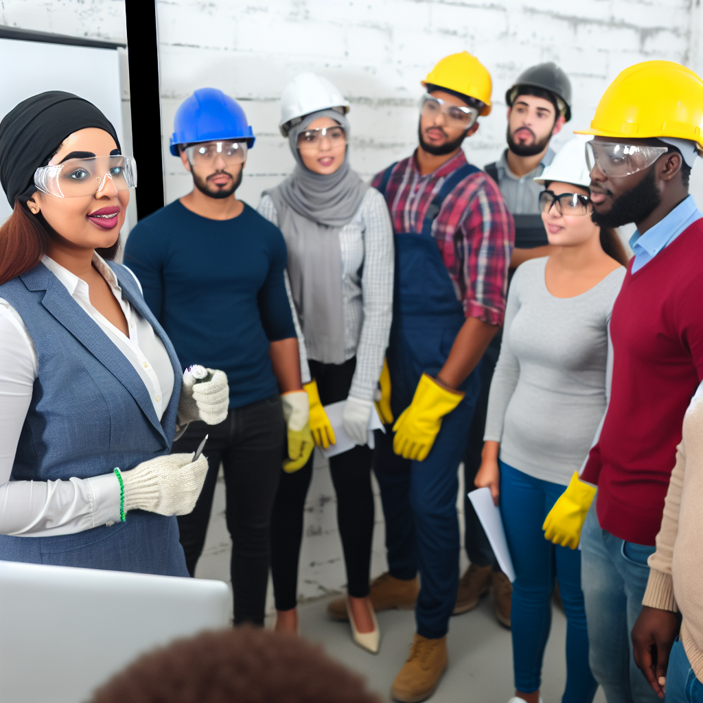 Lernende im Workshop mit Sicherheitsausrüstung und Präsentation.