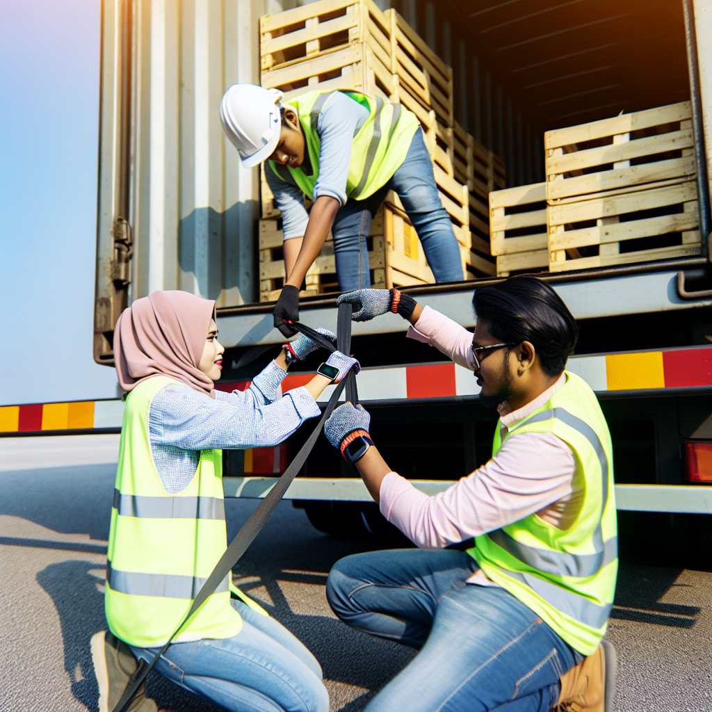 Lkw-Fahrer sichern sorgfältig Ladung mit Spanngurten.