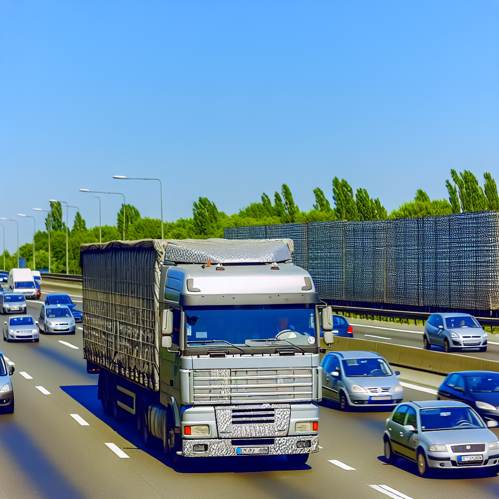 LKW mit gesichertem Frachtgut auf Autobahn.