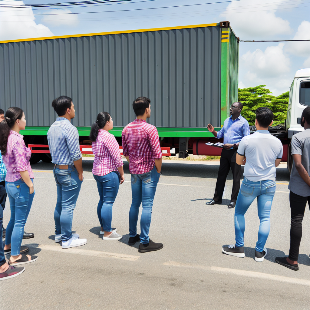 LKW mit gesicherter Fracht und Schulungsgruppe.