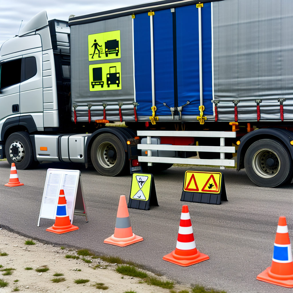 LKW mit gesicherter Ladung und Schulungsmaterial.