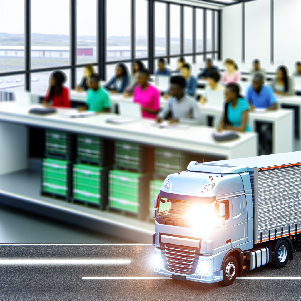 LKW mit gesicherter Ladung und Schulungszentrum.