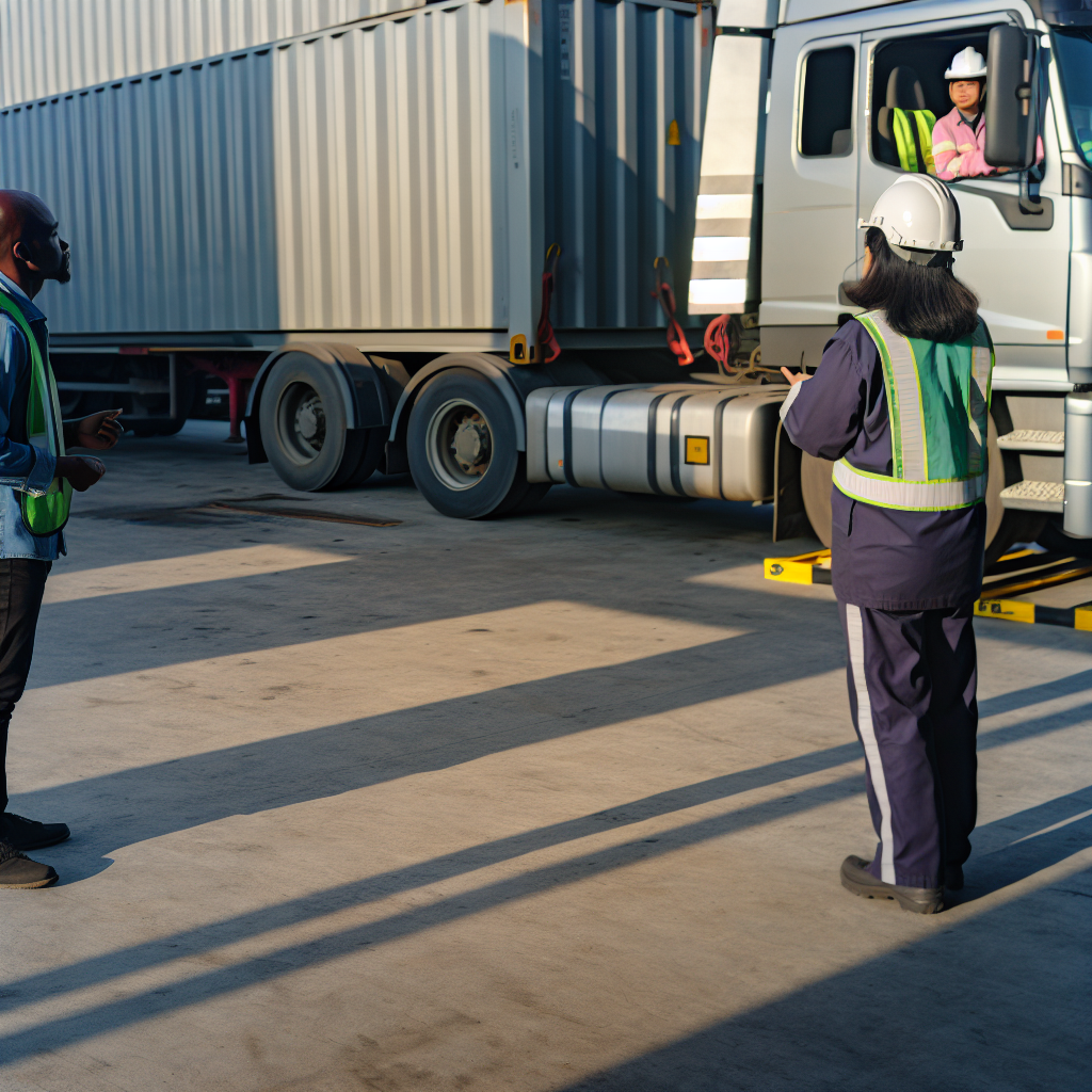LKW mit gesicherter Ladung und Sicherheitsinstrukteur daneben.