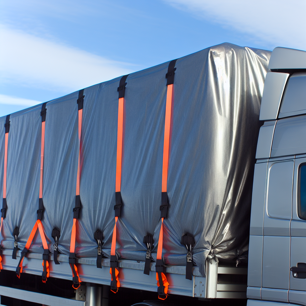 LKW mit gesicherter Ladung, Zurrgurte sichtbar.