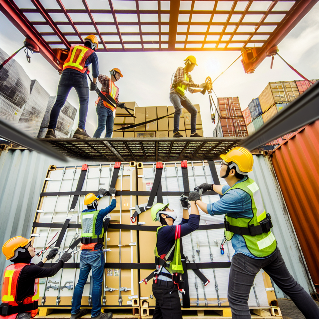 Logistik-Mitarbeiter sichern Ladung mit modernen Techniken.