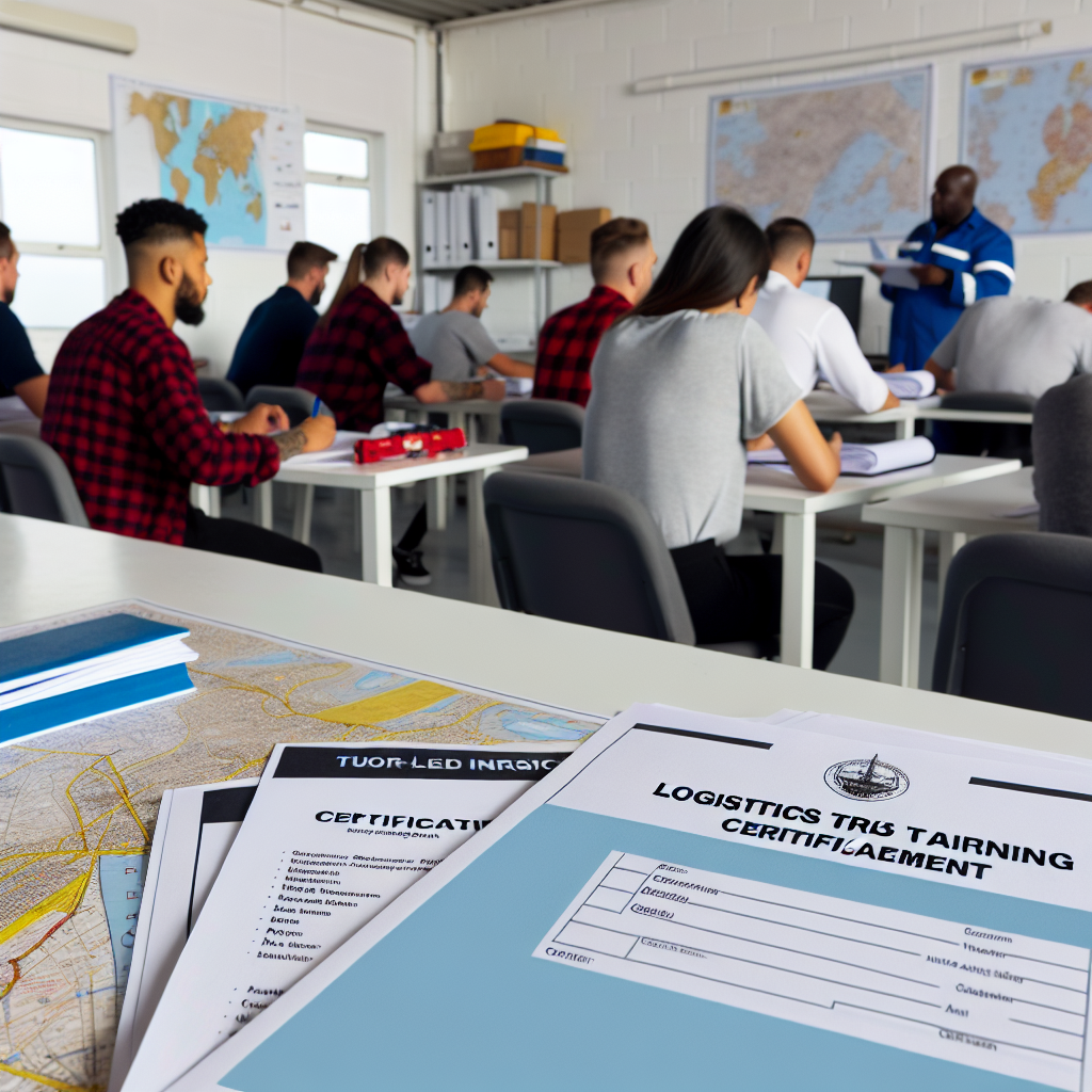 Logistikschulungsklasse mit Zertifikaten und Ausrüstung.