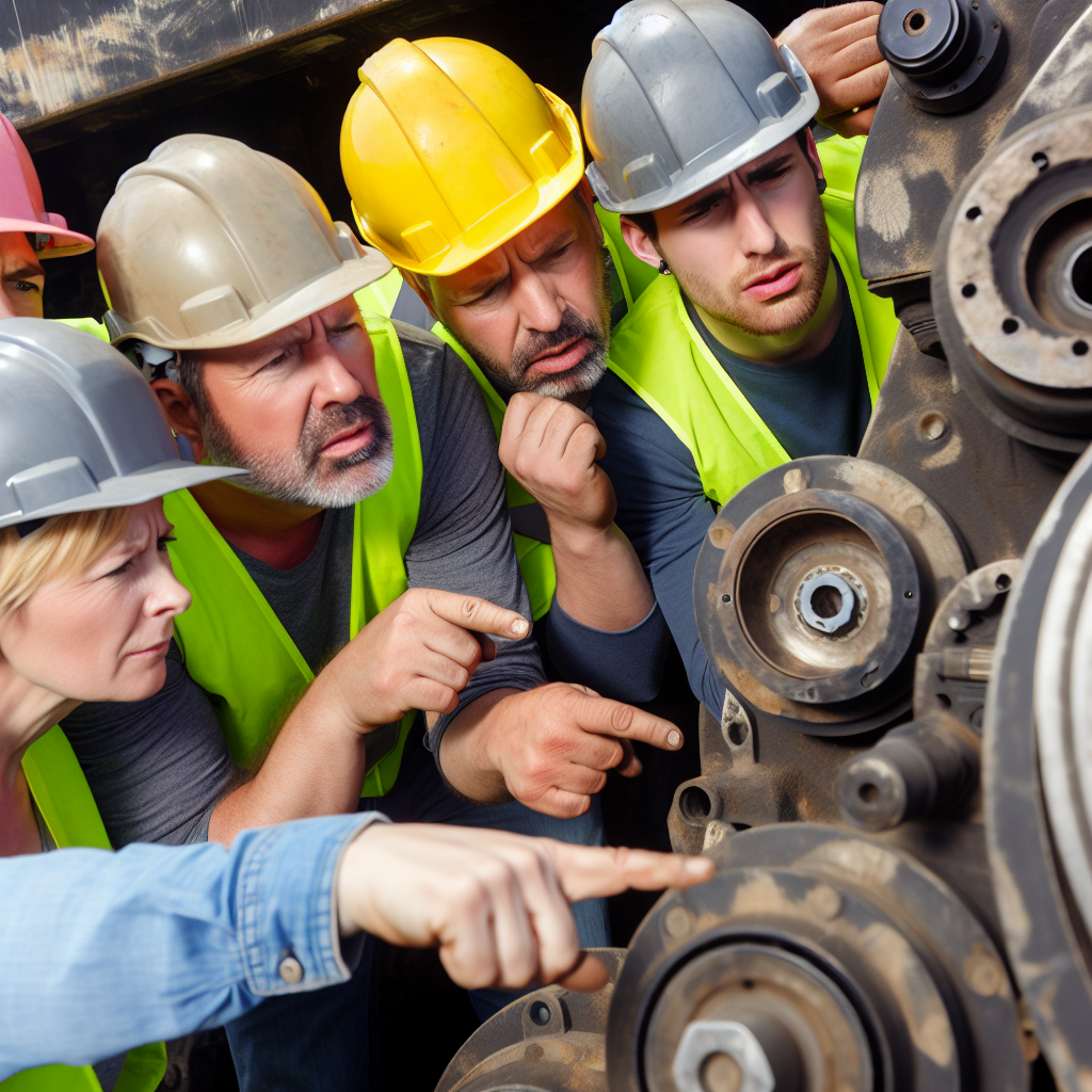 Mechaniker inspizieren aufmerksam eine große Baumaschine.