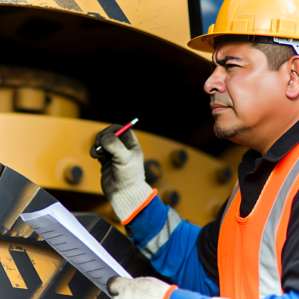 Mechaniker inspiziert Erdbaumaschine mit Checkliste im Freien.