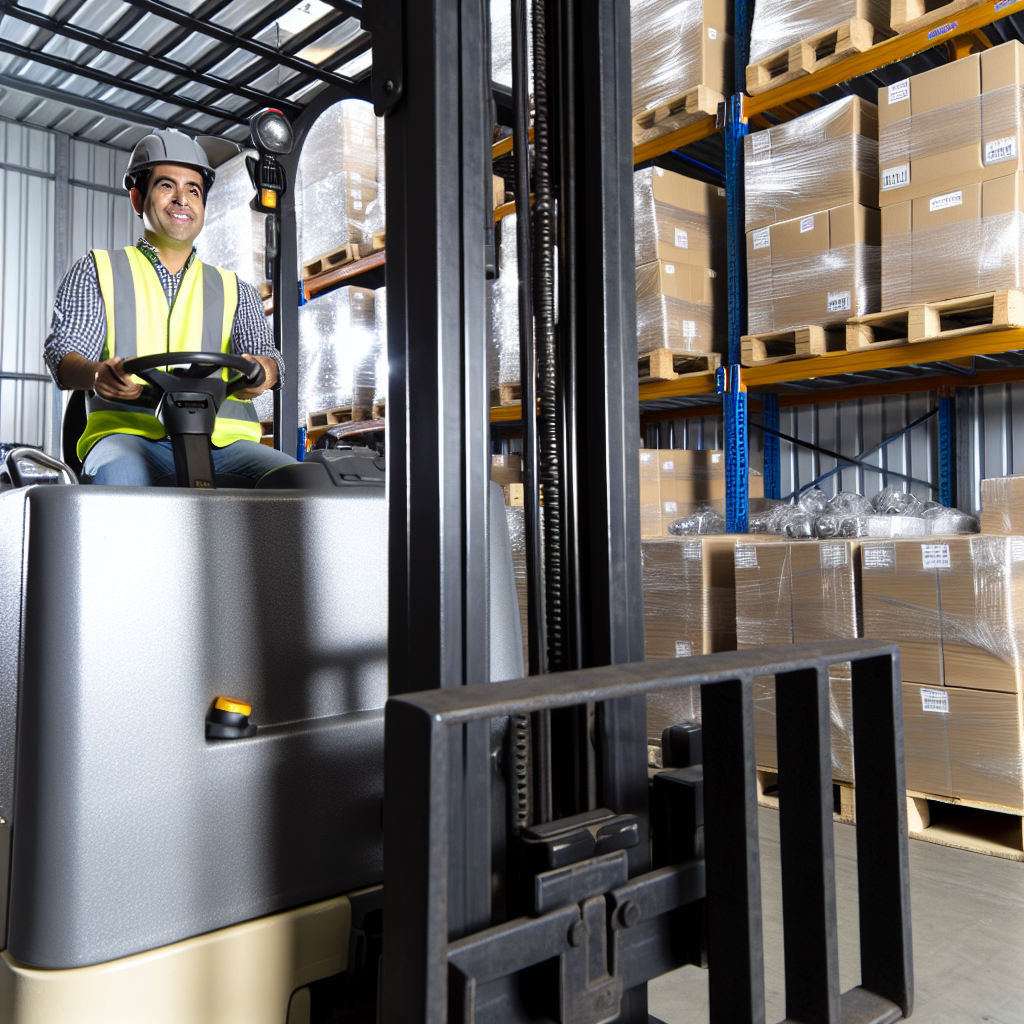 Mensch bedient Gabelstapler in industrieller Umgebung.