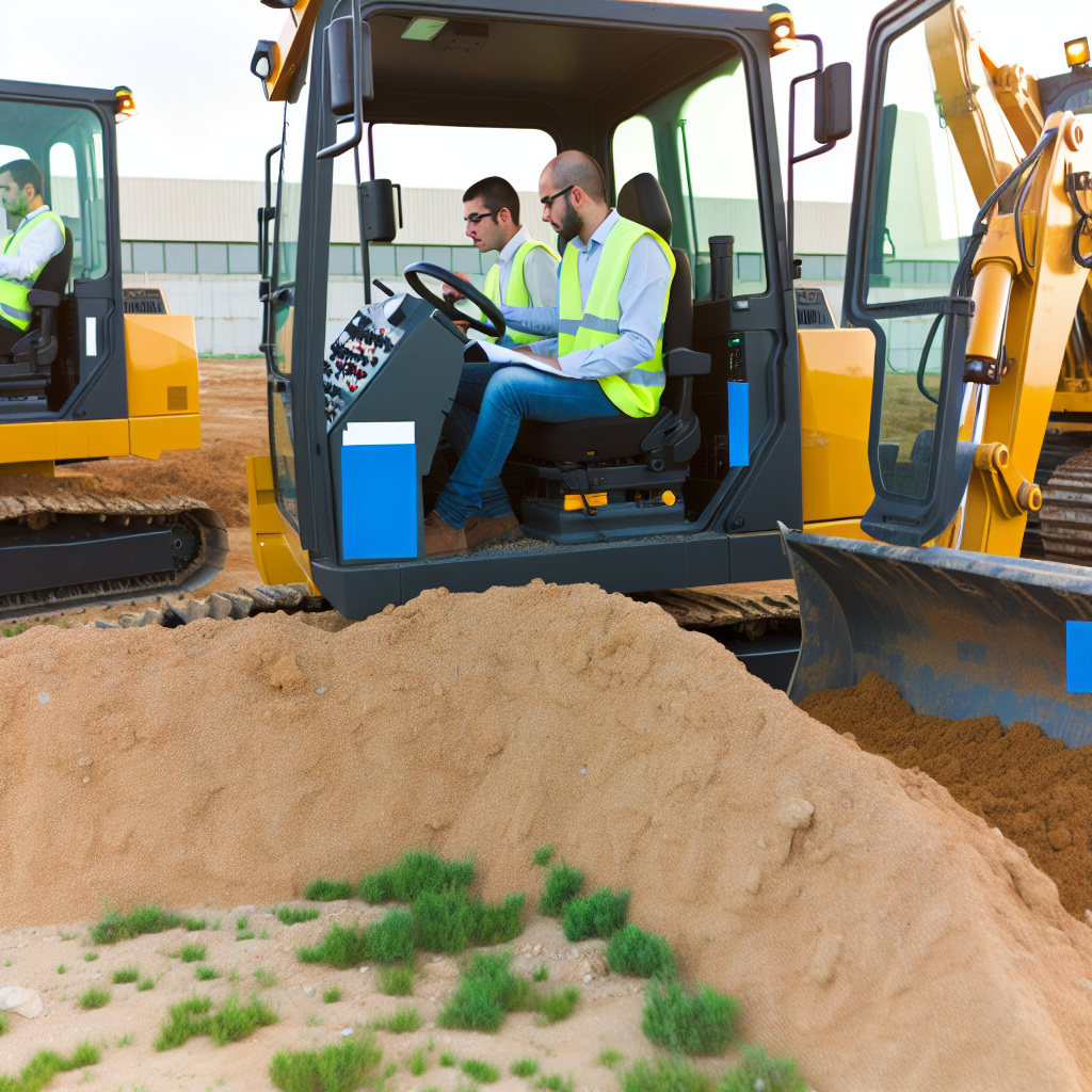 Mitarbeiter bedienen Erdbaumaschine in simuliertem Trainingsumfeld.