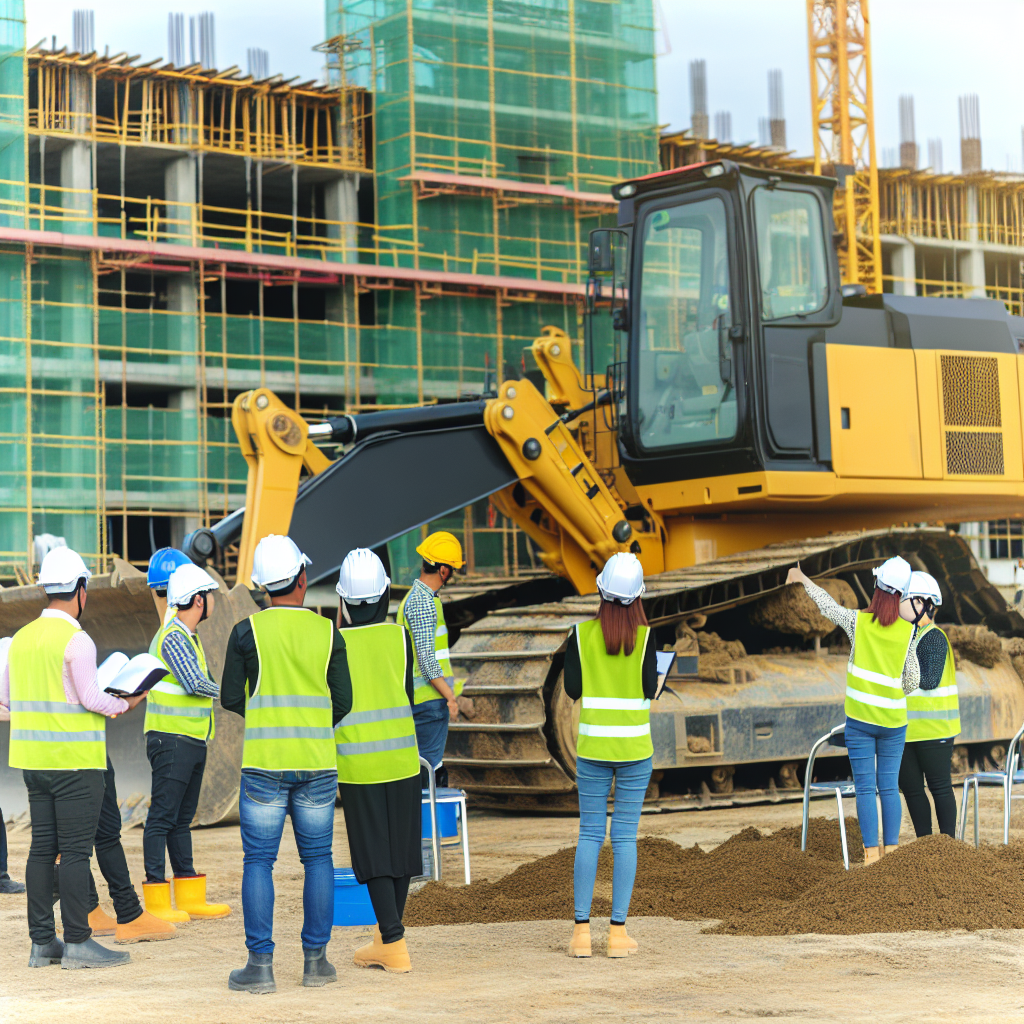 Moderne Erdbaumaschine auf Baustelle mit Schulung.