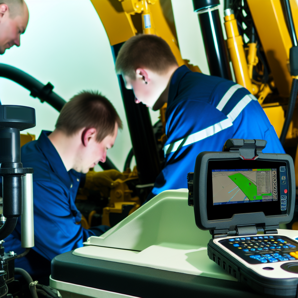 Moderne Erdbaumaschine, GPS-Systeme, erfahrene Techniker, Wartung.