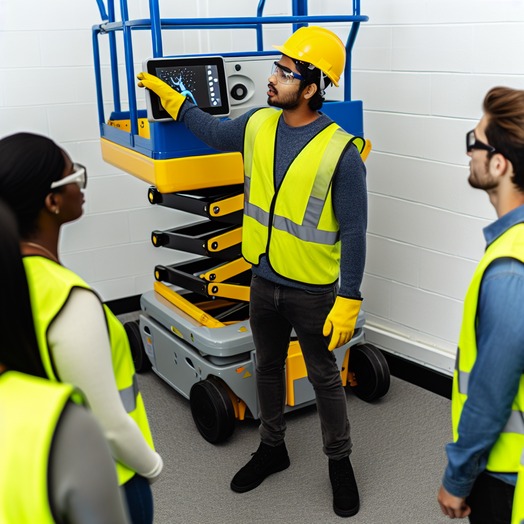 Moderne Hubarbeitsbühne mit technisierten Sicherheitsmerkmalen, Schulung.