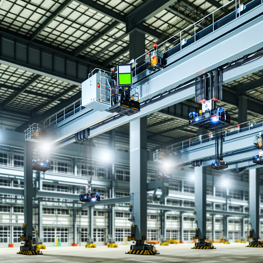 Moderne Kransysteme mit Sensoren in Industriehalle.