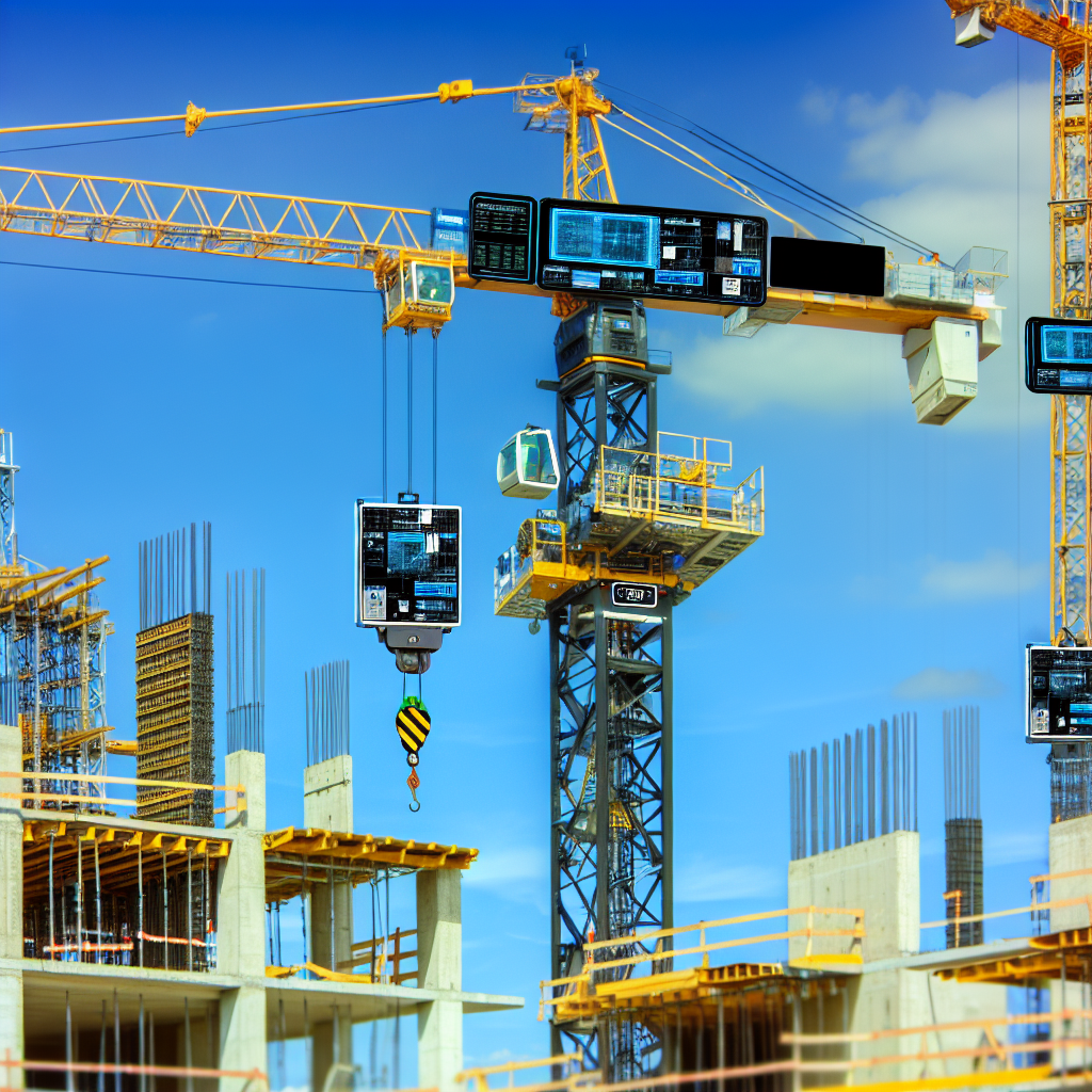Moderne Kräne auf Baustelle mit digitaler Steuerung.
