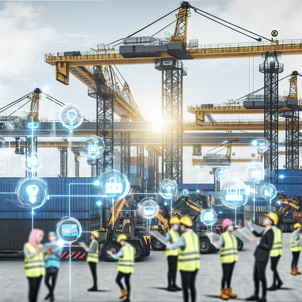 Moderne Kräne, Touchscreens, Weiterbildung, effiziente Logistiklösungen, Sicherheitsmaßnahmen.