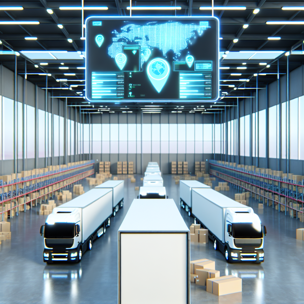 Moderne Lagerhalle mit digital überwachten Lastwagen.