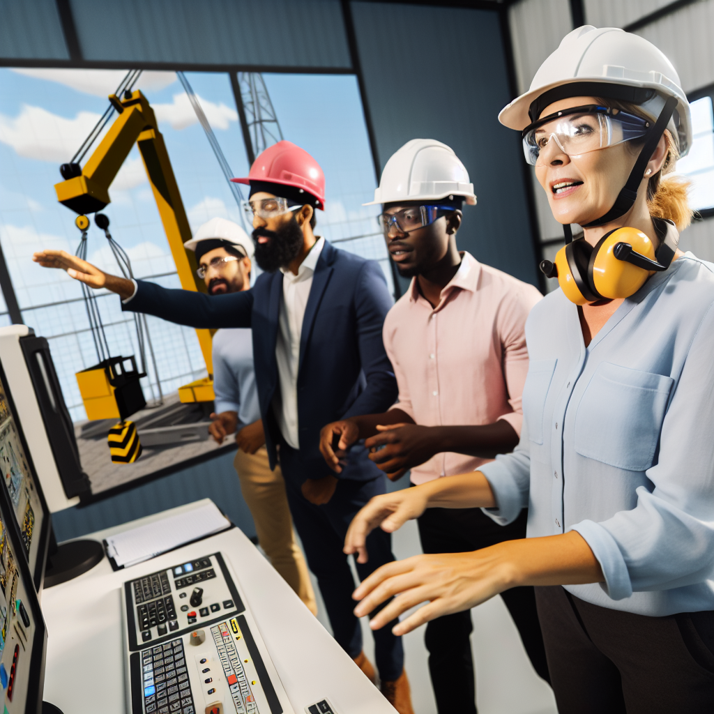 Motivierte Arbeiter lernen Kran-Technik via Simulationstraining.