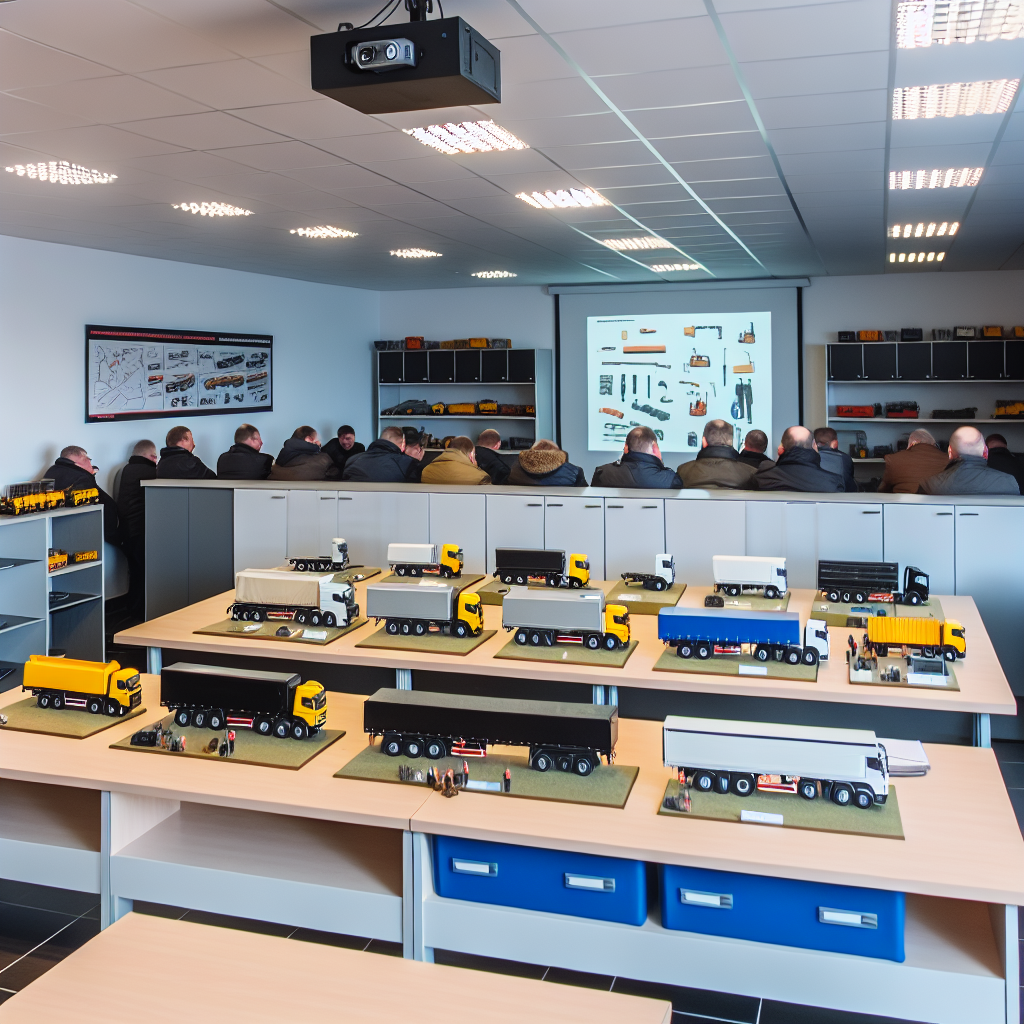 Schulungsraum mit Experten, LKW-Modellen und Projektor.