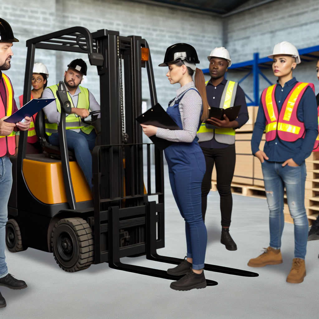 Sicherheitsbewusste Gabelstaplerfahrer in professioneller Schulungssituation.