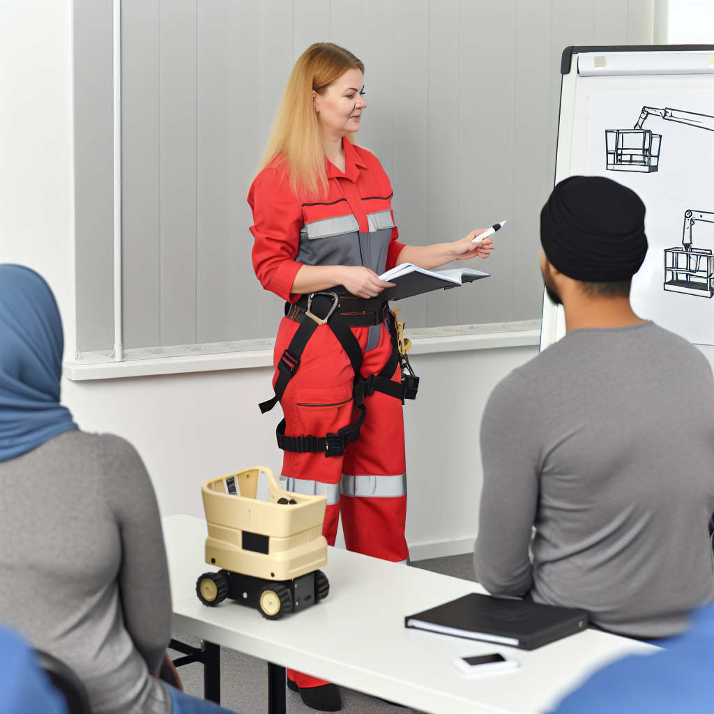Trainer unterrichtet sichere Hubarbeitsbühnenbedienung im Schulungsraum.